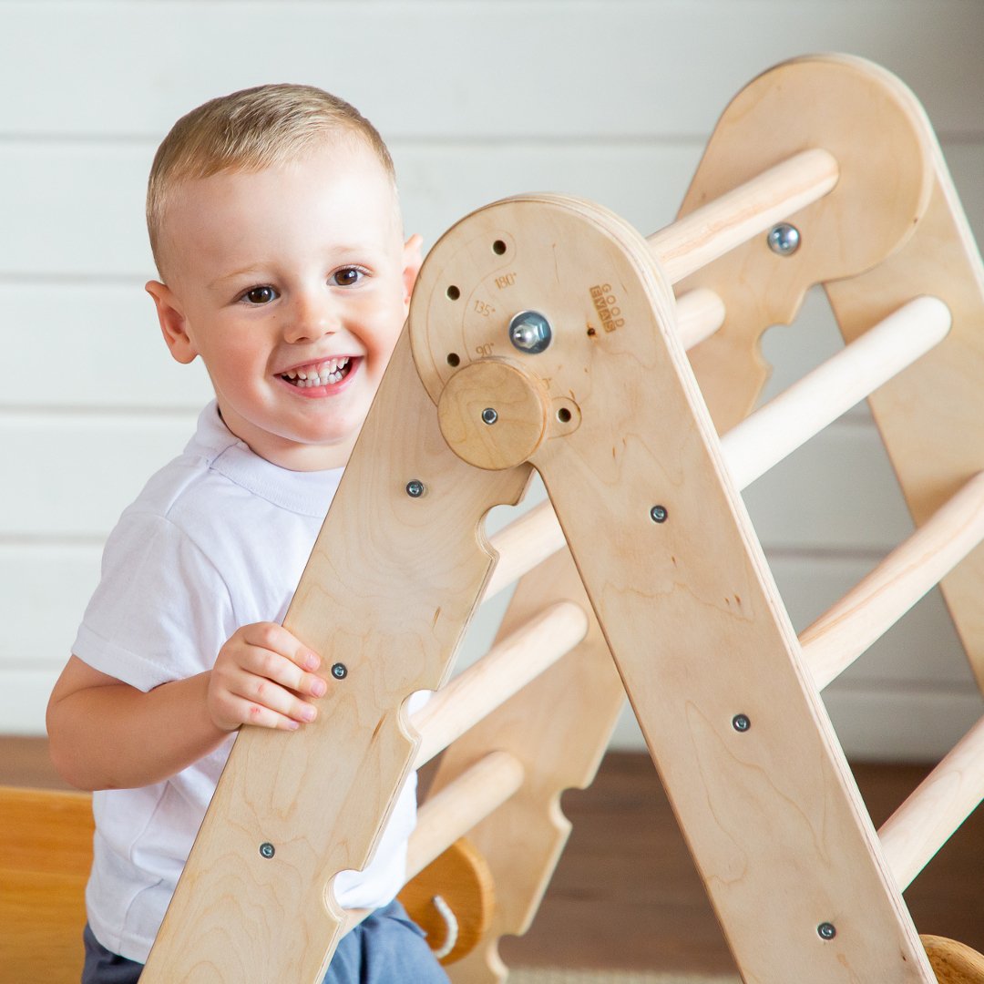 2in1 Montessori Climbing Set: Triangle Ladder + Slide Board/Ramp – Beige