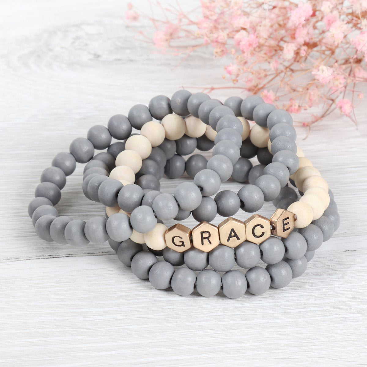 Riah Fashion - "Grace " Wood Beads Stackable Charm Bracelet - 5 COLORS -