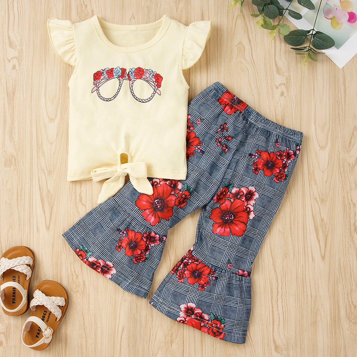 Graphic Tie Hem Top and Floral Flare Pants Set - 2 PCS. - T - 2 SHIRT COLORS -