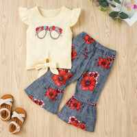 Thumbnail for Graphic Tie Hem Top and Floral Flare Pants Set - 2 PCS. - T - 2 SHIRT COLORS -