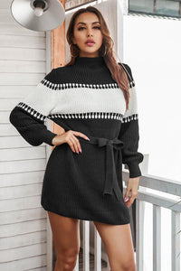 Thumbnail for Contrast Tie Front Long Sleeve Sweater Dress - T - 3 COLORS -