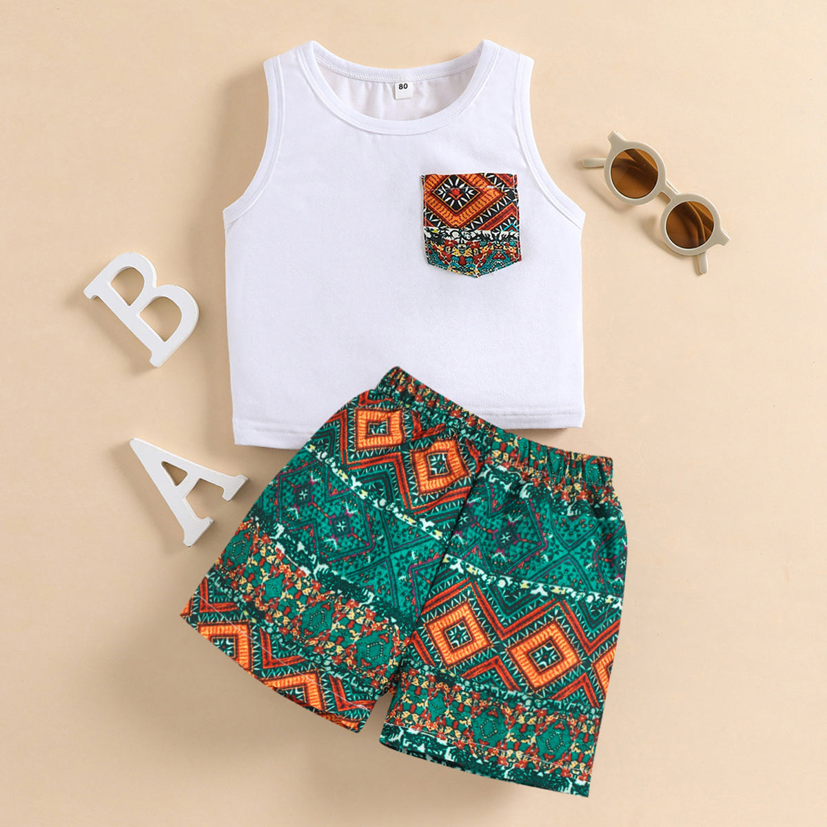 Graphic Tank and Printed Shorts Set - 2 PCS. - T - 2 COLOR COMBOS -