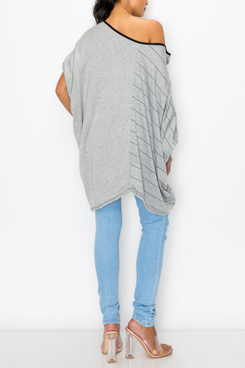 Stylespect - Stripe and Solid Contrast Oversized Top - Grey - 1 COLOR -