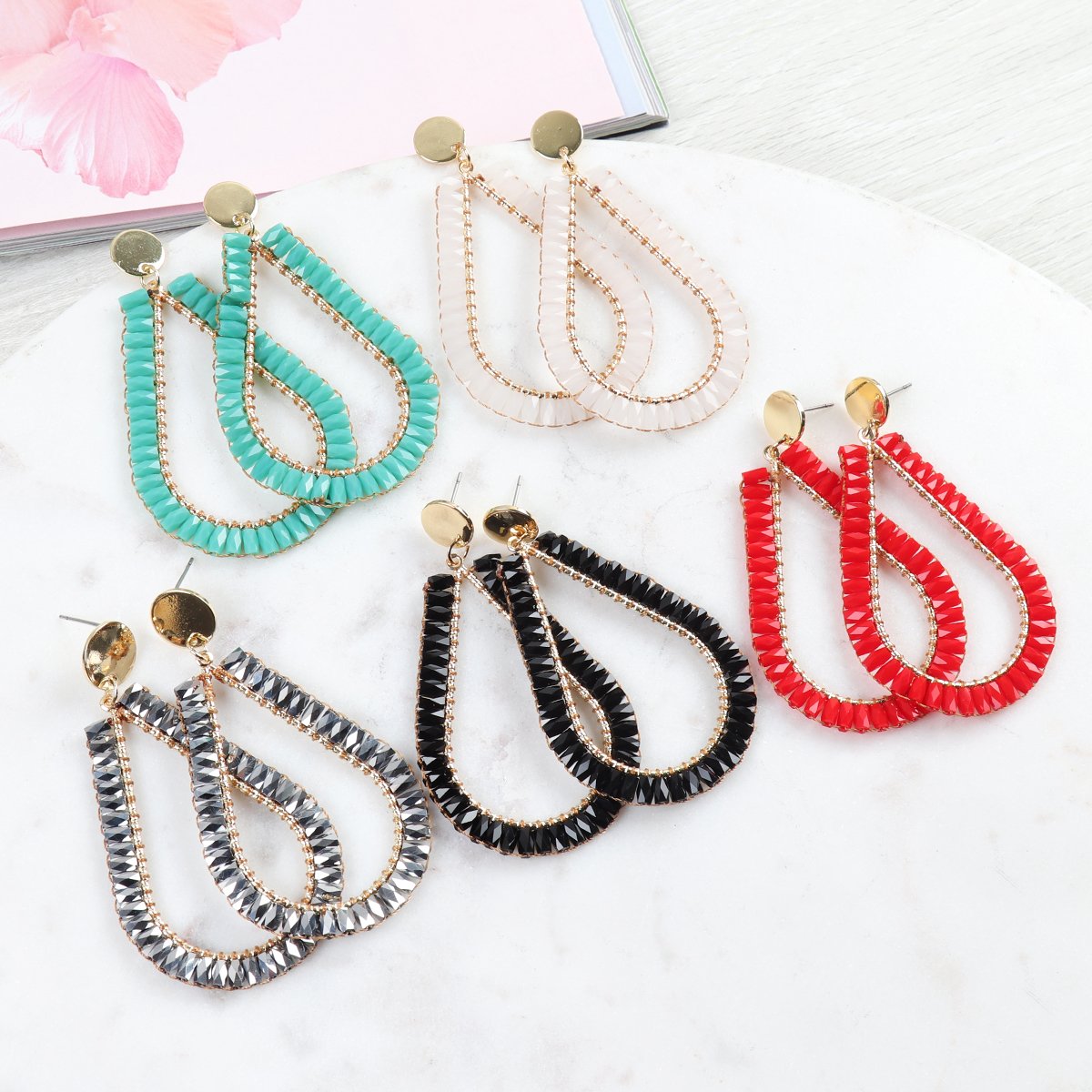 Riah Fashion - Glass Beaded Teardrop Earrings - 5 COLORS