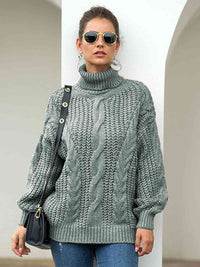 Thumbnail for Turtleneck Cable-Knit Dropped Shoulder Sweater - T - 5 COLORS -