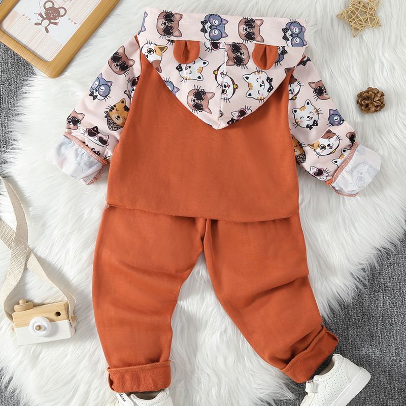 Long Sleeve Cat Pattern Hoodie and Pants Set - T - 2 PCS. - 1 COLOR -