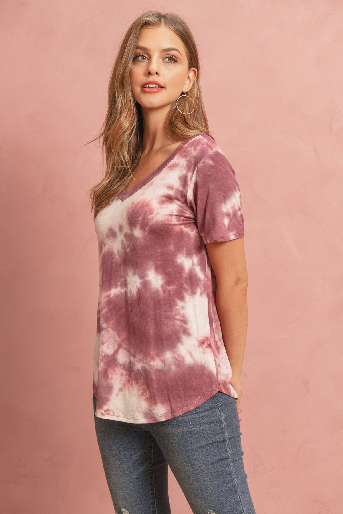 Riah Fashion - Tie Dye  V-Neck Round Hem Top - 5 COLORS -