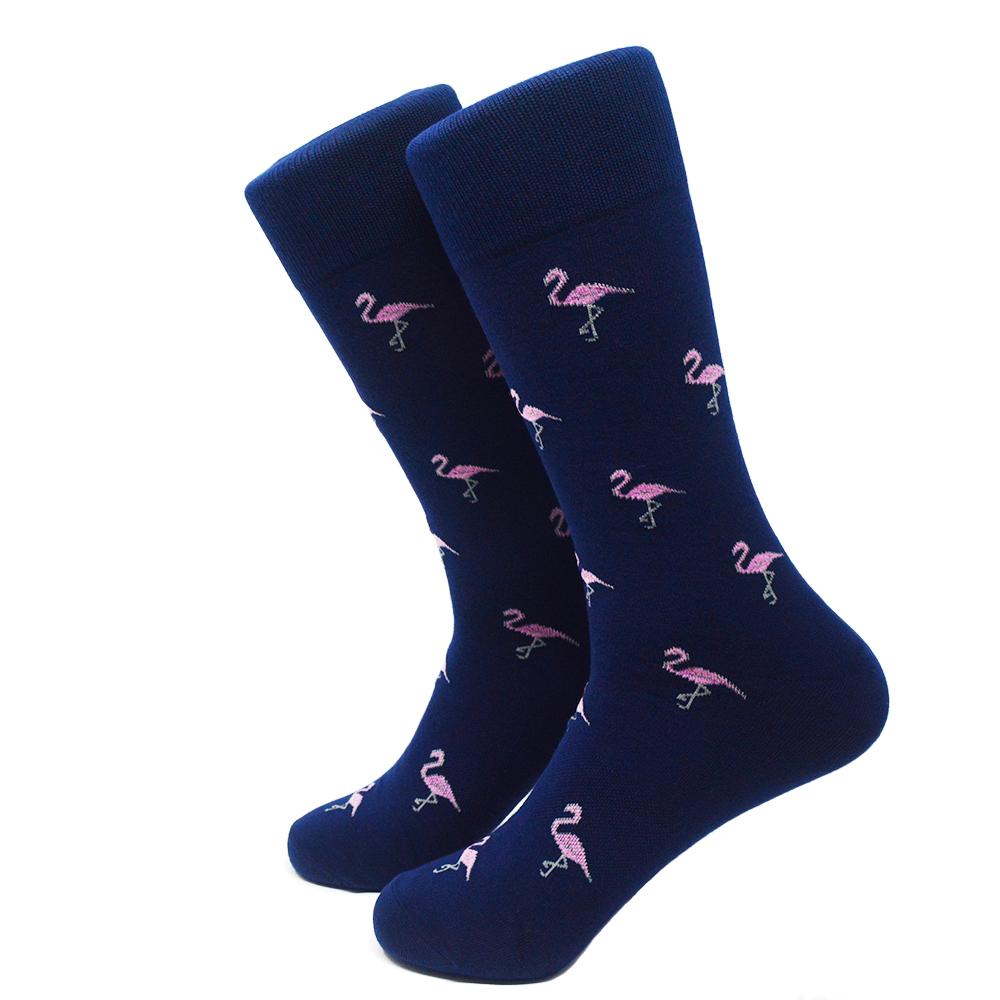 Summer Ties - Flamingo Socks - Men's Mid Calf - Pink on Navy - 1 COLOR -