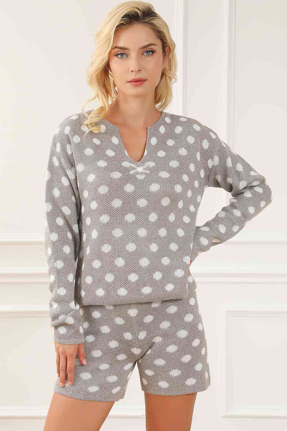 Polka Dot Notched Neck Top and Shorts Set - 2 PCS. - T - 1 COLOR -