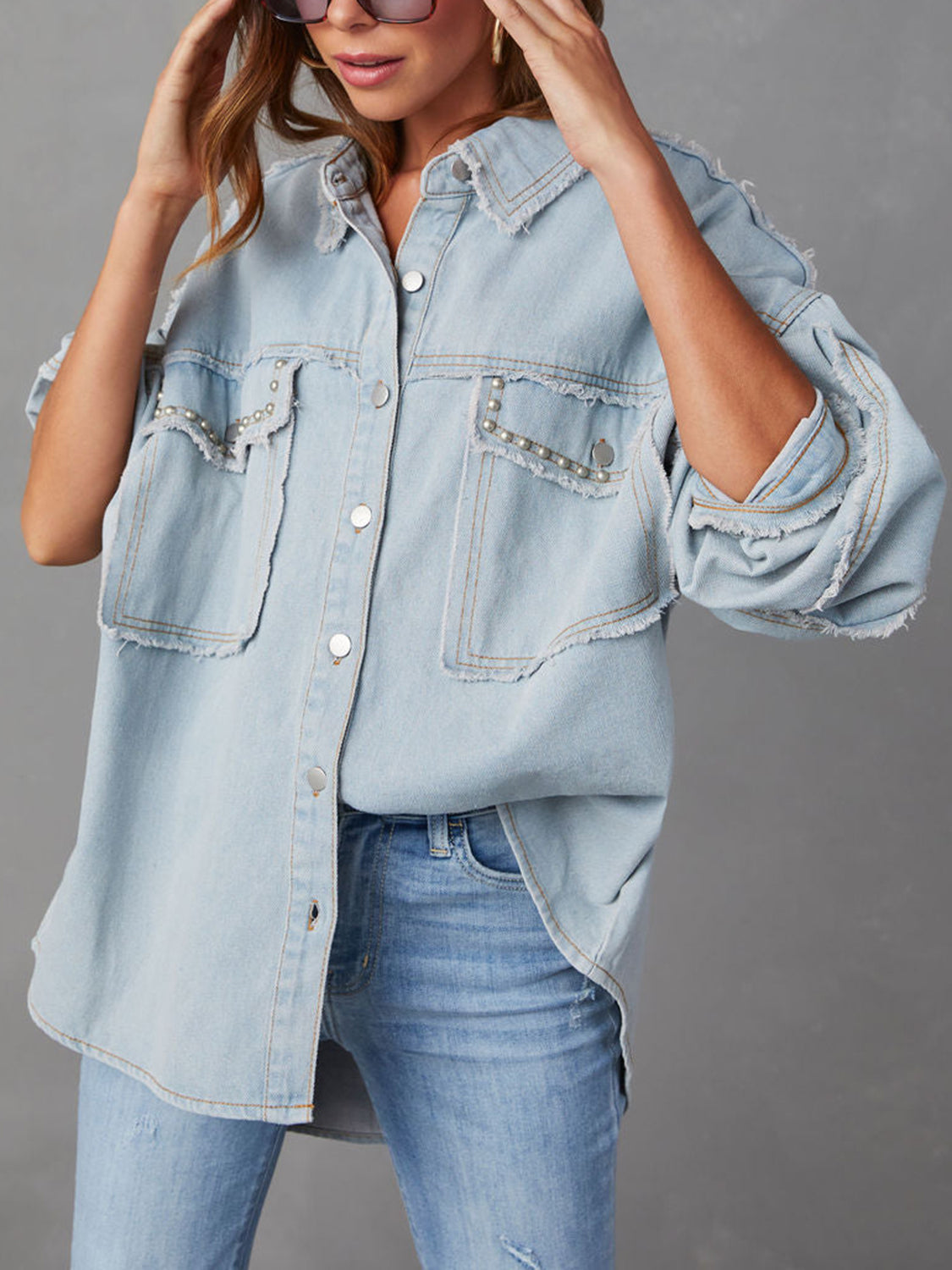 Button Down Raw Hem Denim Jacket - T - 2 COLORS -