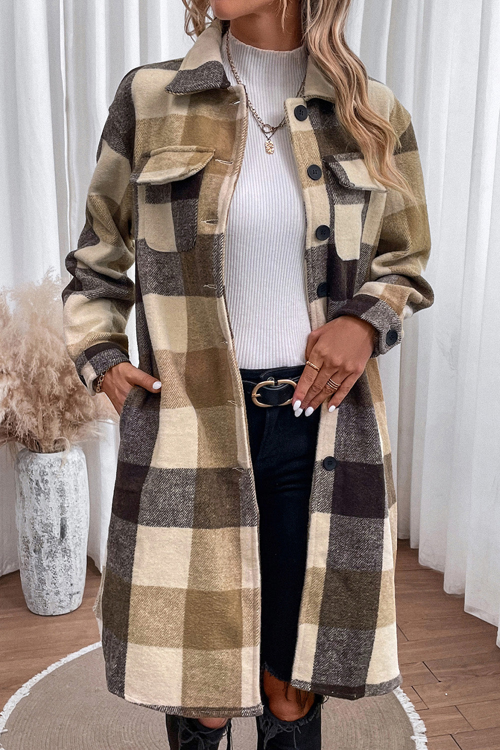 Plaid Button Down Longline Coat - T - 1 COLOR -