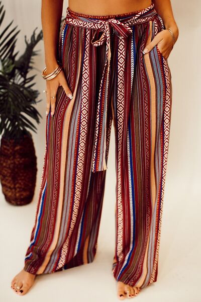 Printed Tied Wide Leg Pants - T - 1 COLOR -