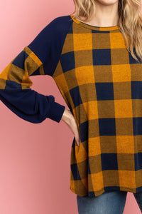 Thumbnail for Riah Fashion - Solid Contrast Puff Sleeves Plaid Top - 3 COLORS -