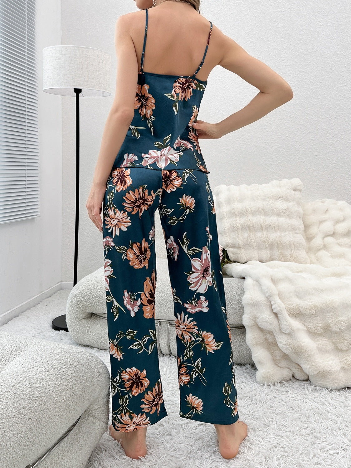 Plunge Cami and Pants Lounge Set - 2 PCS. - T - 3 PATTERNS -