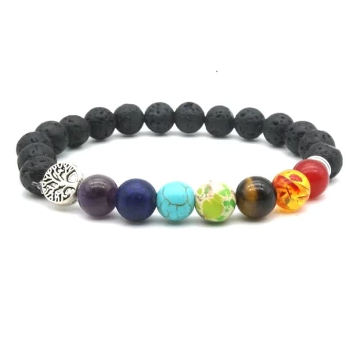 Seven Chakras Tree of Life Charms Lava Stone Bracelet -