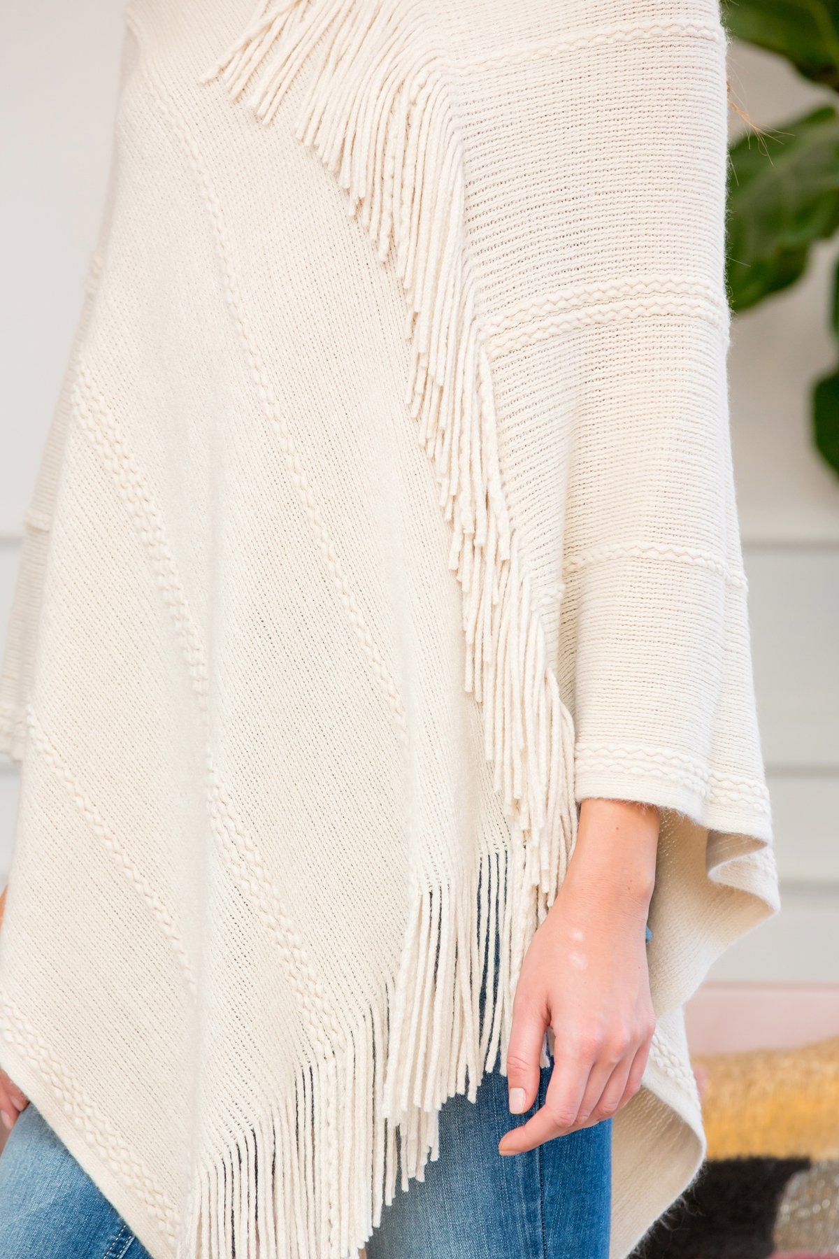 Riah Fashion - Beige Asymmetric Fringe Poncho - 1 COLOR -