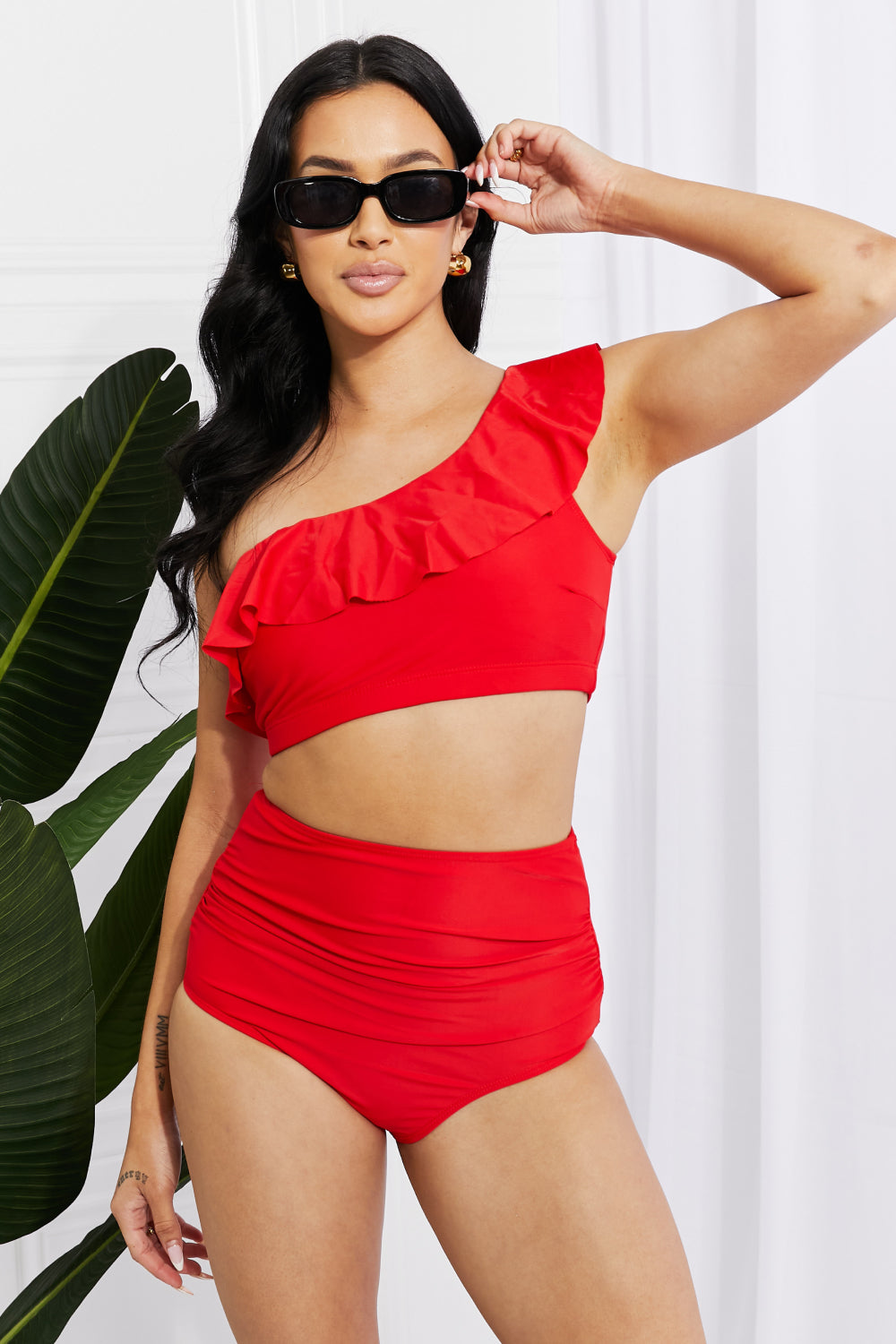 Marina West Swim Seaside Romance Ruffle One-Shoulder Bikini in Red - SIZES S THRU 2XL - T - 1 COLOR -