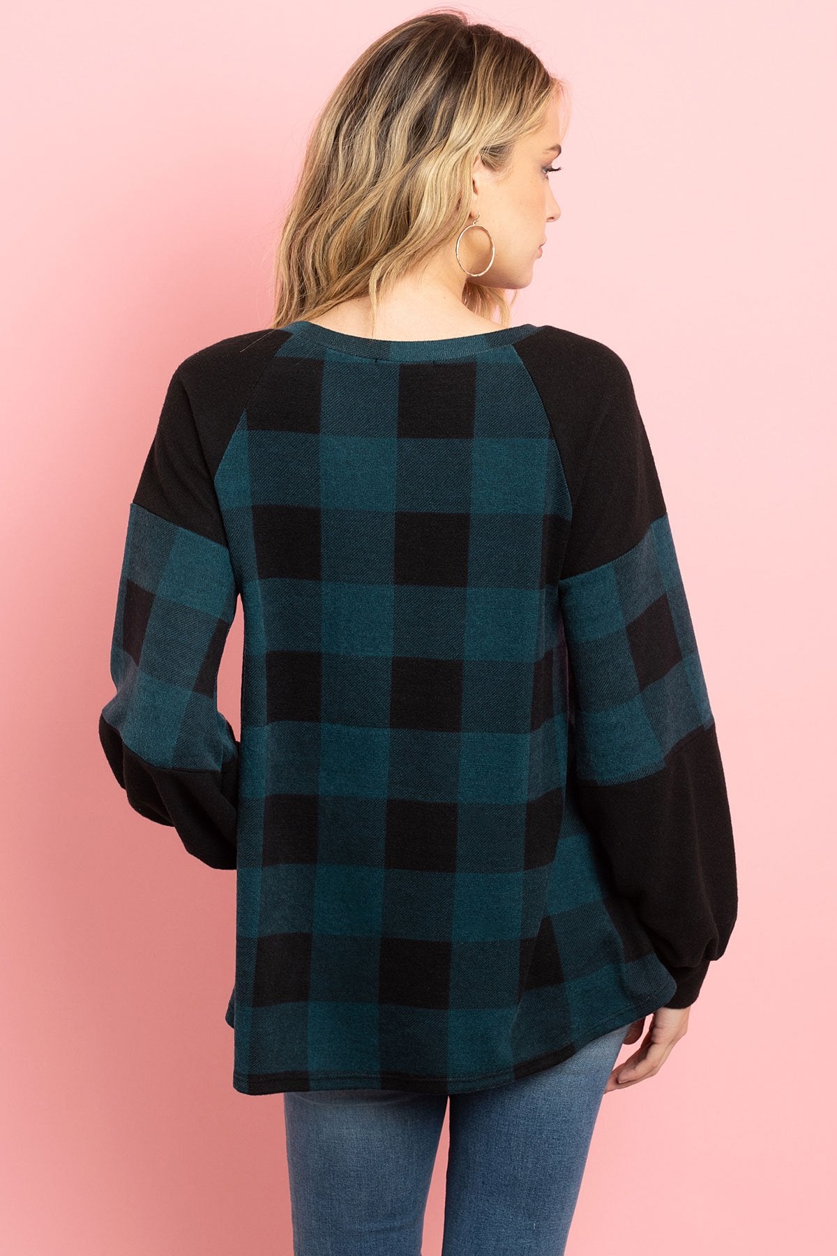 Riah Fashion - Solid Contrast Puff Sleeves Plaid Top - 3 COLORS -