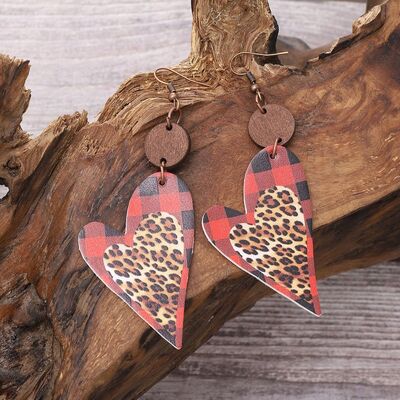 Faux Leather Wood Heart Dangle Earrings - T - 1 COLOR -