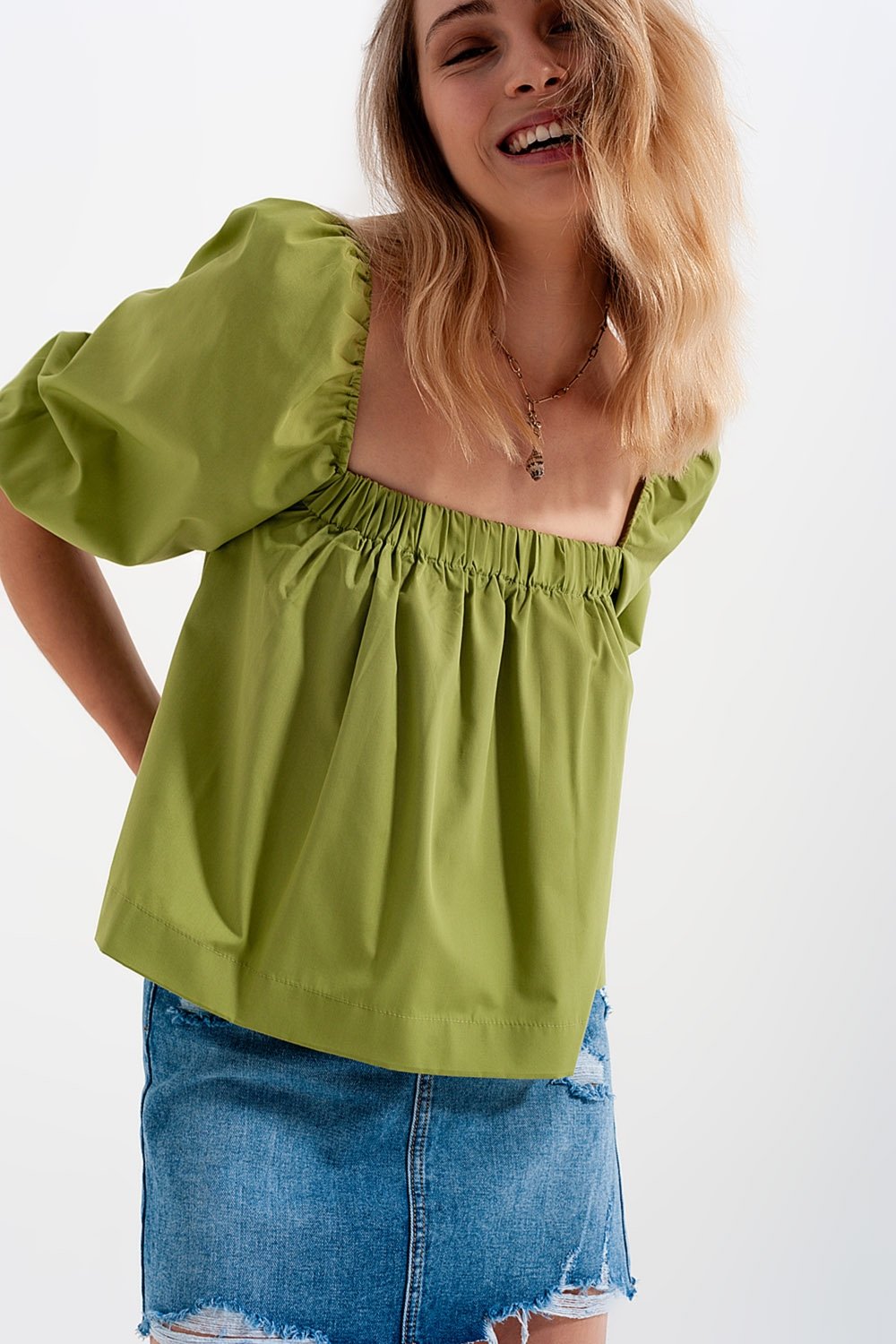 Q2 - Poplin Balloon Sleeve Top in Green - 1 COLOR