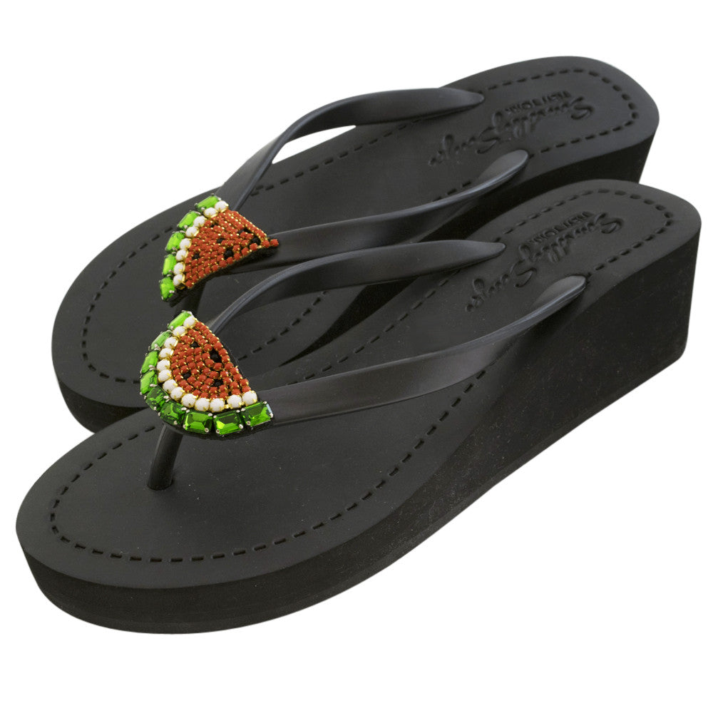 SAND BY SAYA N.Y. - Watermelon - Rhinestone Mid Wedge Flip Flops - 2 COLORS -