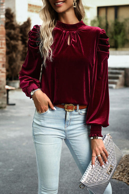 Tie Up Mock Neck Velvet Fabric, Bowed back Long Sleeve Blouse - T - 2 COLORS -