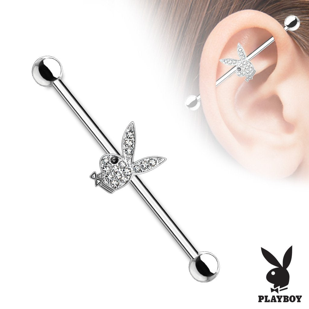 Clear Crystal Paved Playboy Bunny With Black Gem Eye 316L Surgical Steel Industrial Barbell -