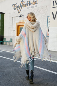 Thumbnail for Color Block Fringe Detail Poncho - T - 4 COLORS -