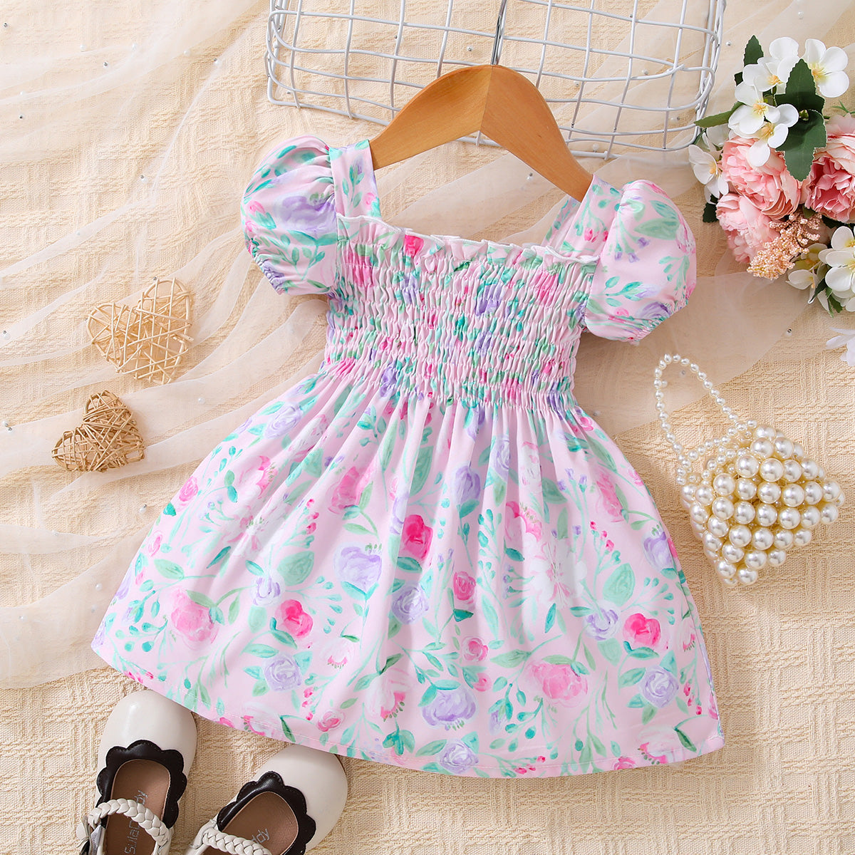 Baby Girl Floral Ruffle Trim Smocked Dress - T - 5 SIZES - 1 COLOR -