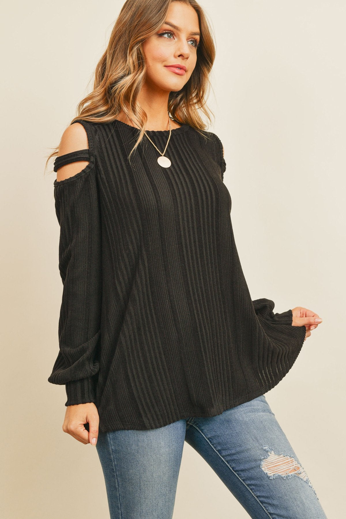 Riah Fashion - Ladder Open Shoulder Long Sleeved Rib Detail Top - 4 COLORS -