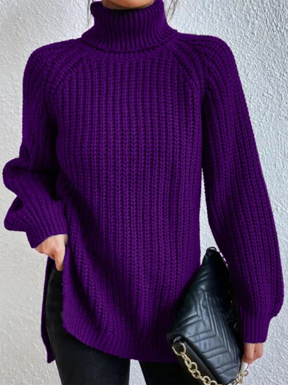 Full Size Turtleneck Rib-Knit Slit Sweater - T - 12 COLORS -