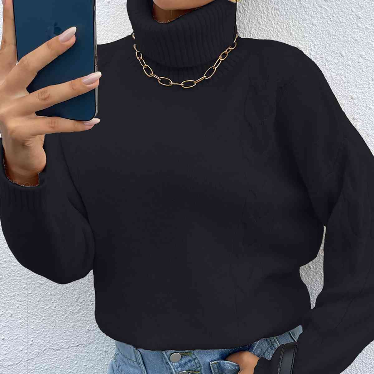 Turtleneck Dropped Shoulder Long Sleeve Sweater - T - 4 COLORS -