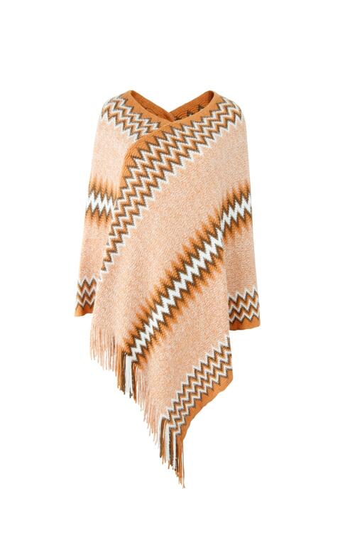 Fringe Hem Striped Cape Sleeve Poncho - T - 5 COLORS -