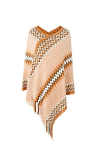 Thumbnail for Fringe Hem Striped Cape Sleeve Poncho - T - 5 COLORS -