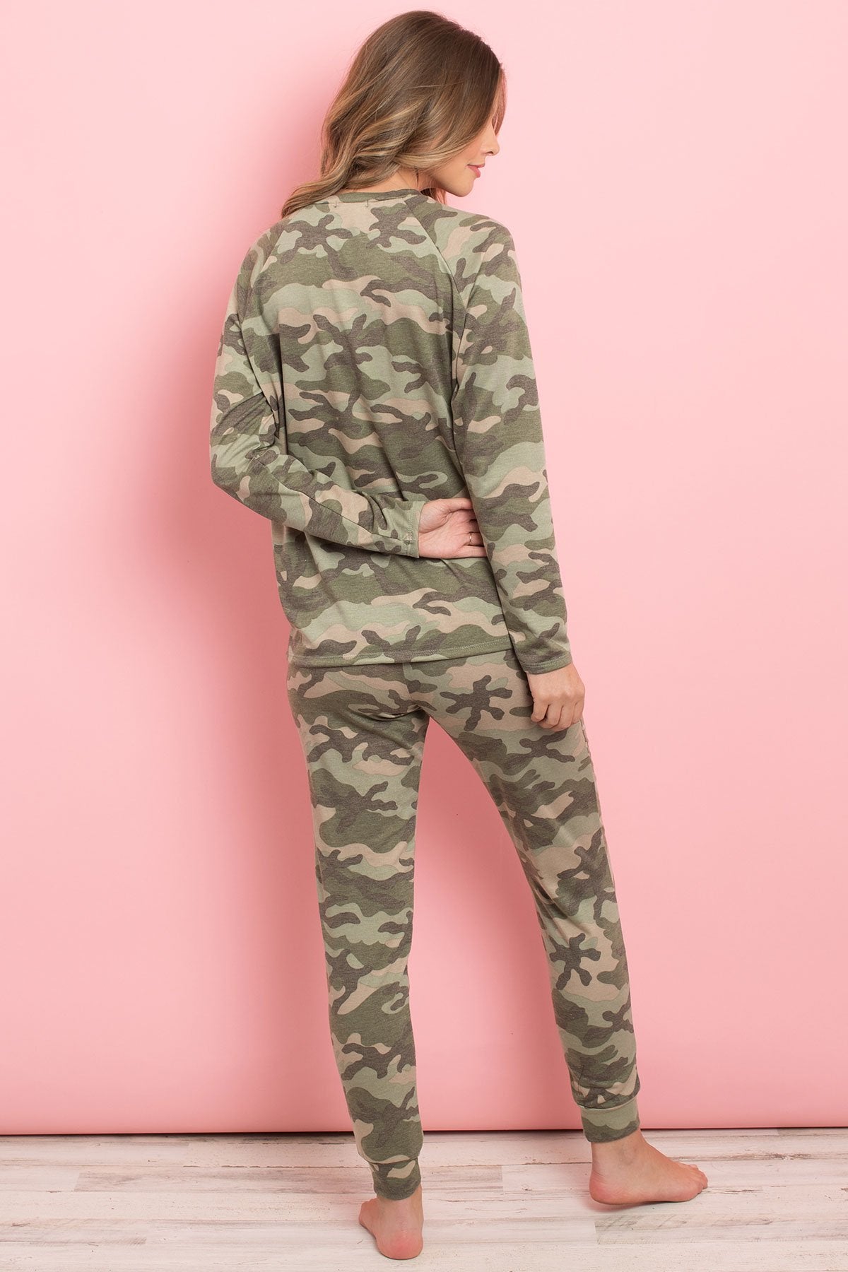 Riah Fashion - Brushed Camouflage Top and Joggers Set With Self Tie - 2 PCS - 2 CAMO COLORS -