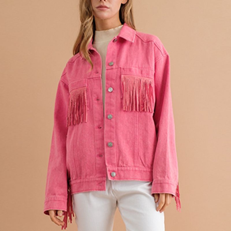 Fringe Detail Dropped Shoulder Denim Jacket - T - 3 COLORS -