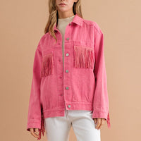 Thumbnail for Fringe Detail Dropped Shoulder Denim Jacket - T - 3 COLORS -