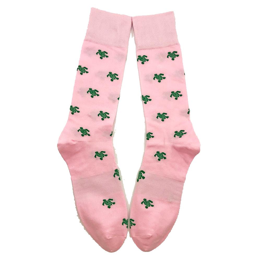 Summer Ties - Turtle Socks - Men's Mid Calf - Green on Pink - 1 COLOR -