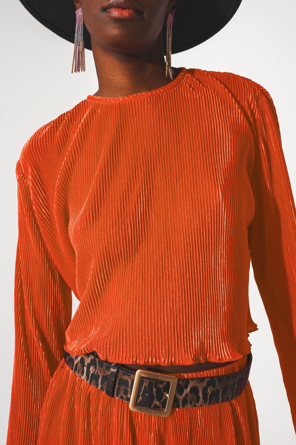 Q2 - Pleated Round Neck Crop Top in Orange - 1 COLOR -