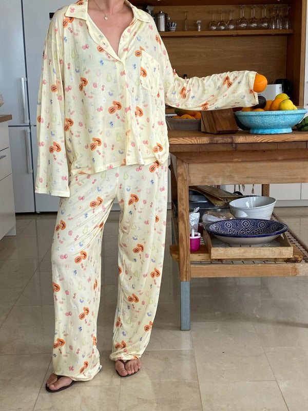 New long-sleeved printed pajamas - slit trousers - loose home wear pajamas - K - 3 COLORS -