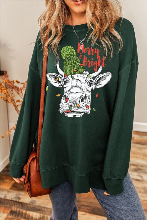 Merry & Bright Bull Graphic Round Neck Long Sleeve Sweatshirt - HOLY COW!? NO BULL - T - 1 COLOR -