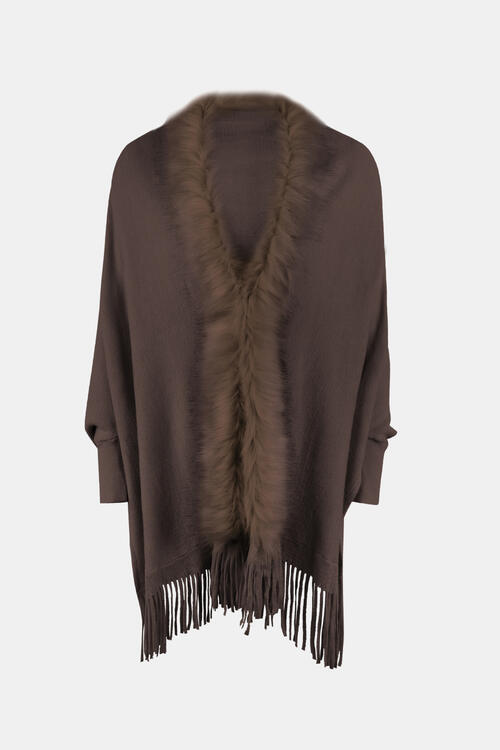 Fringe Open Front Long Sleeve Poncho - 1 SIZE - T - 6 COLORS -