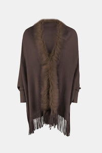 Thumbnail for Fringe Open Front Long Sleeve Poncho - 1 SIZE - T - 6 COLORS -