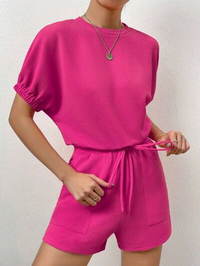 Waffle-Knit Round Neck T-Shirt and Pocketed Shorts Lounge Set - 2 PCS. - T - 3 COLORS -