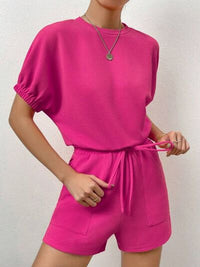 Thumbnail for Waffle-Knit Round Neck T-Shirt and Pocketed Shorts Lounge Set - 2 PCS. - T - 3 COLORS -