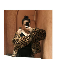 Thumbnail for Sharon Tatem - Winter Leopard Print - Stand Collar - Warm Parka - Loose Faux Fur -