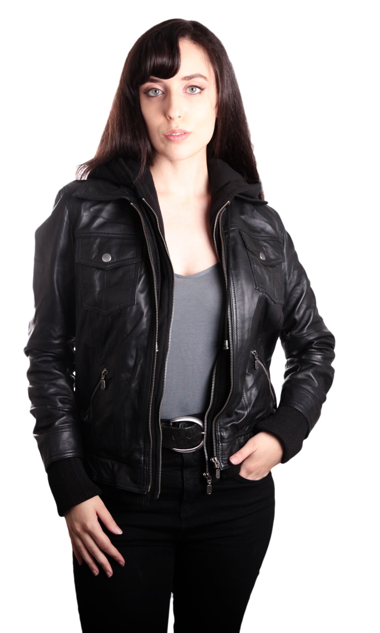 Fadcloset - Hooded Bomber Womens Leather Jacket - 1 COLOR -