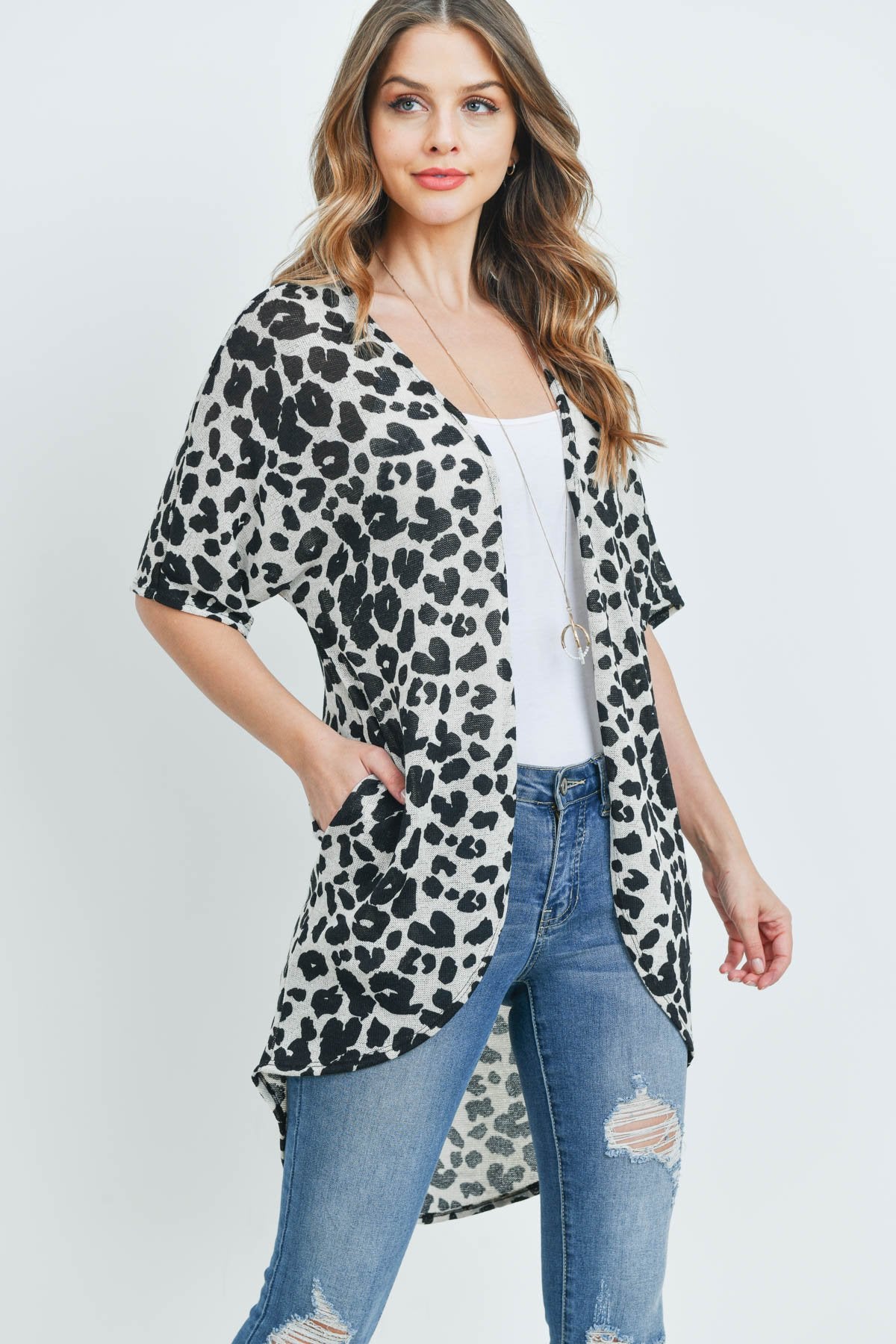 Riah Fashion - Leopard Short Sleeves Open Front Hi-Low Cardigan - 3 COLORS -