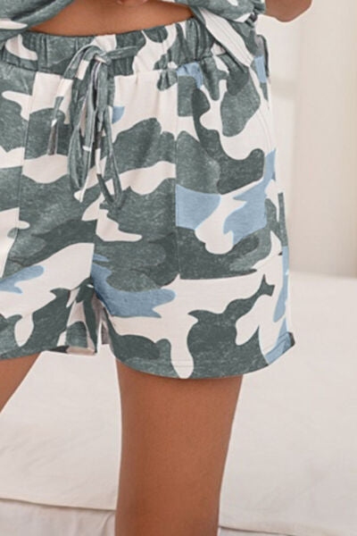 Camouflage V-Neck Top and Drawstring Shorts Lounge Set - 2 PCS. - T - 4 COLORS -