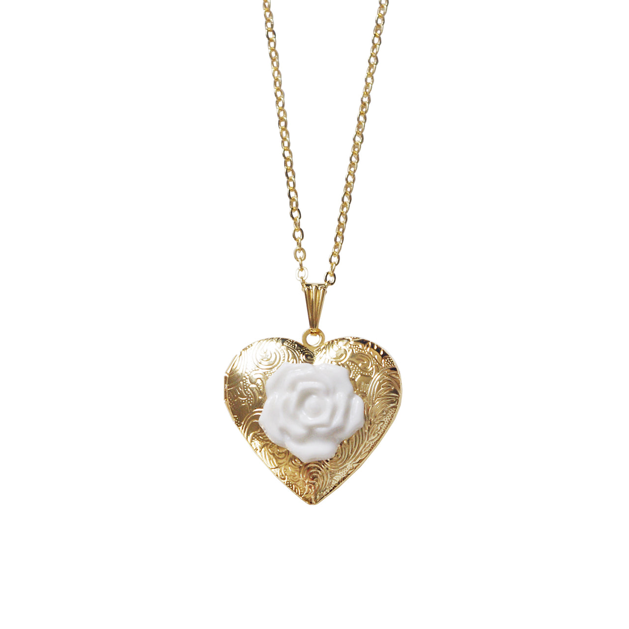 Classic Heart Locket With Porcelain Rose Pendant Necklace -